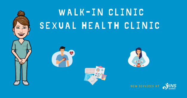 walk-in clinic and sexual health clinic, with a Bitmoji ouf our nurse Katya